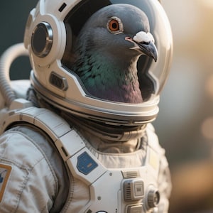 May include: A pigeon wearing a white astronaut helmet and spacesuit. The bird's head is visible inside the helmet, with its orange eye and gray feathers. The spacesuit has various panels and a hose.