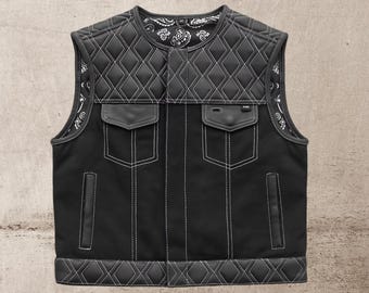 Men’s Leather & Denim Biker Vest – Diamond Quilted Motorcycle Club Waistcoat with Black and White Paisley Lining