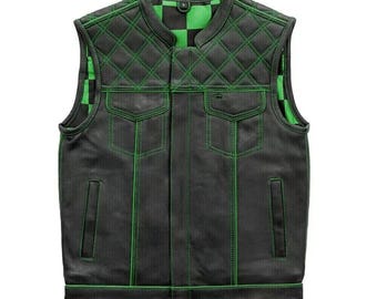 Men’s Classic Black Leather Biker Waistcoat – Checkered Green & Black Lining Detail