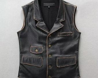 Vintage Distressed Brown Leder Biker Weste - Herren Motorradweste mit Kragen Design