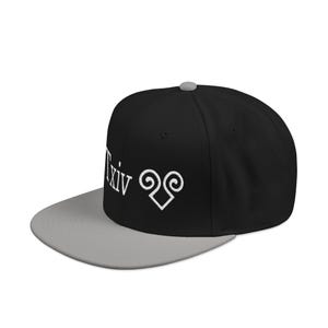 May include: Black and gray baseball cap with a flat brim. The cap features white text and a decorative symbol on the front. The top button is gray.