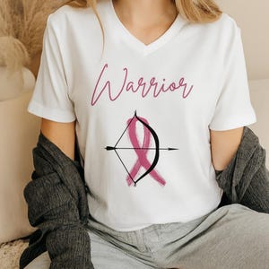 Pink Breast Cancer Awareness Warrior V-Neck Tee, Supportive Shirt for Fighters, Apparel, Empowerment Gift, Warrior Tee, Pink Ribbon, October