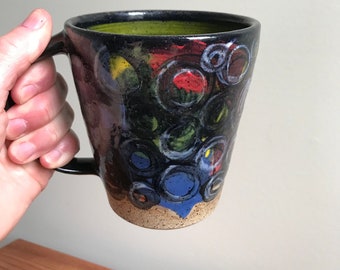 Pottery Mug Cup Hand Painted Abstract Circular Pattern