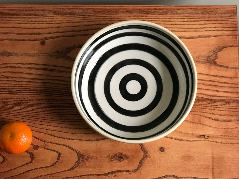 Pottery Pasta Bowl with Black and White Circular Pattern image 6