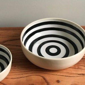 Pottery Pasta Bowl with Black and White Circular Pattern image 1