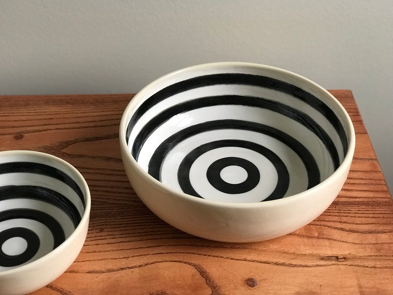 Pottery Pasta Bowl with Black and White Circular Pattern image 1