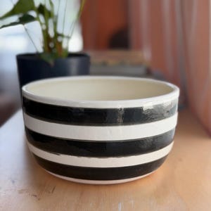 Pottery Planter Pot Handmade Black and Off White Stripes