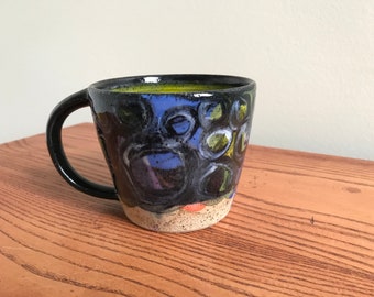 Mug Cup Coffee, Pottery Speckled Stoneware, Handmade with Painted Abstract Design