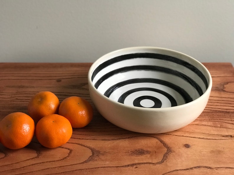 Pottery Pasta Bowl with Black and White Circular Pattern image 2