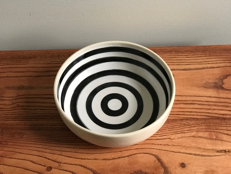 Pottery Pasta Bowl with Black and White Circular Pattern image 3