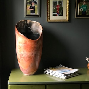 Ridge Lines #4 Decorative Abstract Ceramic Art Form peachy oranges blush pink carbon black