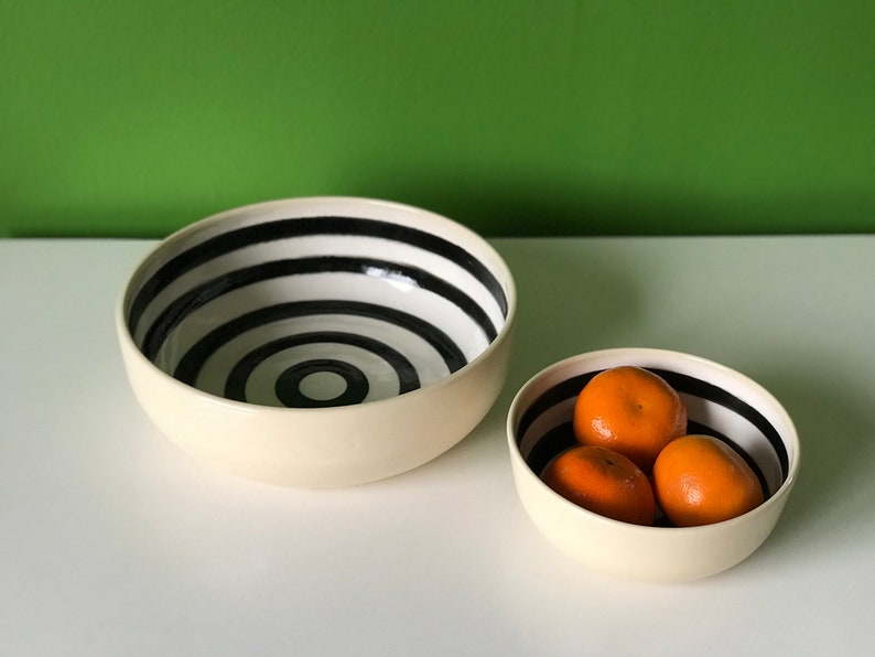 Pottery Pasta Bowl with Black and White Circular Pattern image 9