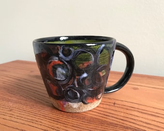 Mug Cup Coffee, Pottery Speckled Stoneware, Handmade with Painted Abstract Design