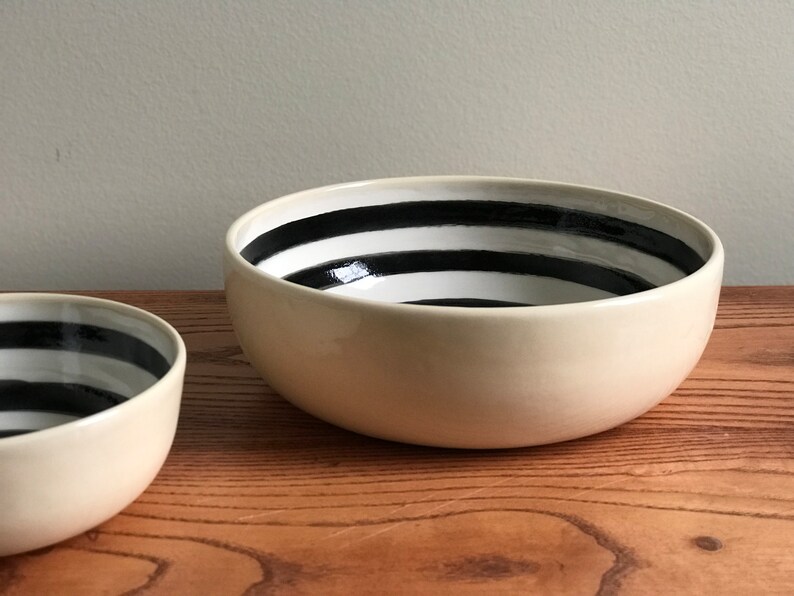 Pottery Pasta Bowl with Black and White Circular Pattern image 5