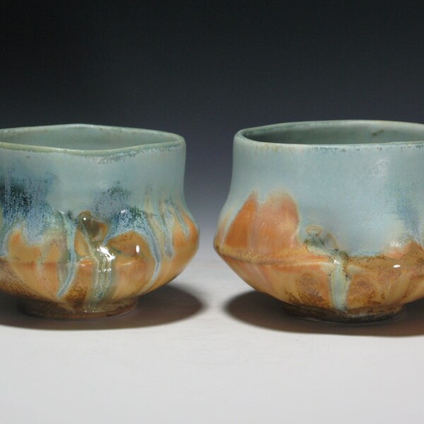 Porcelain Cups Set of Two Wheel Thrown Pottery Whisky, Tea, Wine, Jean Blues, Earthy Orange by Beth Goobic