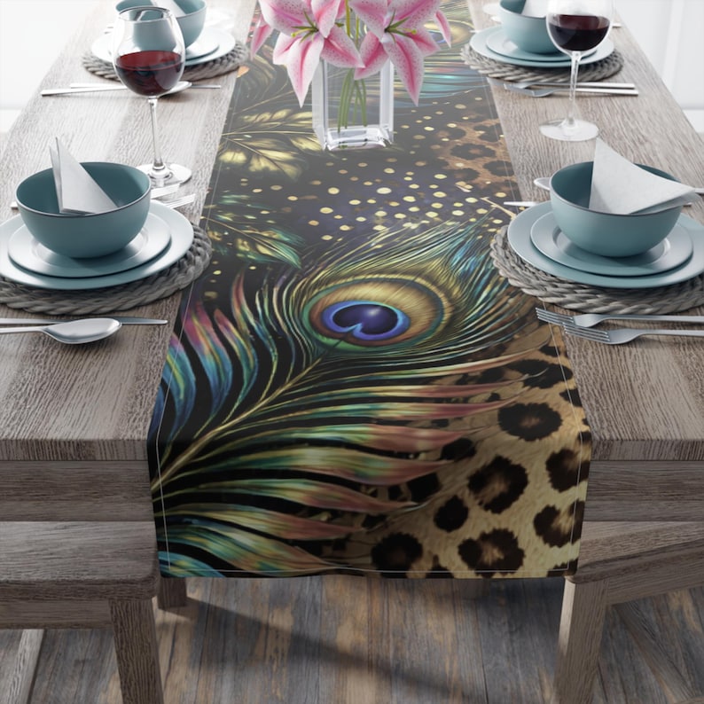 Peacock Feather Leopard Print Table Runner | Tropical Glamour Dining ...