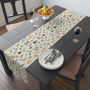 Woodland Animal Pattern Table Runner | Fox, Deer, Rabbit, Pine Trees | Woodland Baby