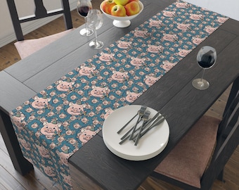 Camino de mesa con estampado de cerditos rosas / Encantador diseño de animales de granja, algodón y poliéster.
