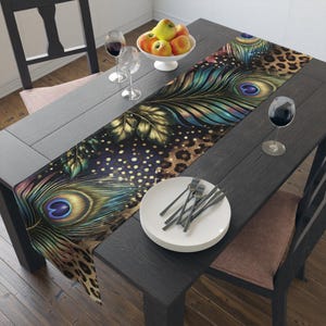 Peacock Feather Leopard Print Table Runner | Tropical Glamour Dining Decor