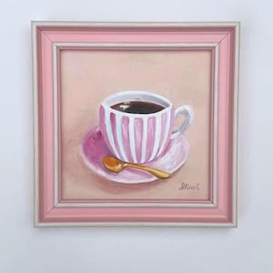Small cozy painting of a cup of coffee in oil on canvas in a frame