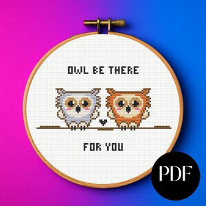 Op de afbeelding: Een borduurring met twee pixel-uilen op een tak. De tekst "OWL BE THERE FOR YOU" is boven en onder de uilen geborduurd. De achtergrond is een verloop van roze en blauw.