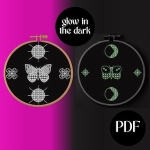 May include: Two embroidery hoops with black fabric, featuring white and glow-in-the-dark designs. One hoop has a butterfly and geometric shapes, the other has a butterfly and crescent moons. The text "glow in the dark" and "PDF" are also visible.