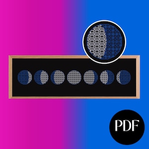 Puede incluir: Una impresión artística enmarcada que presenta fases lunares en un patrón geométrico. Las fases están representadas en azul y blanco sobre un fondo negro, con un marco de madera. Un detalle circular del diseño está en la esquina superior derecha. El icono PDF está en la esquina inferior derecha.