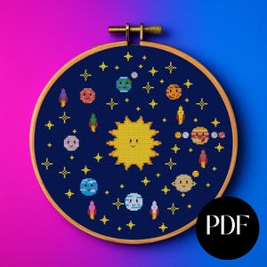 Korsstygnsmönster med glada motiv från solsystemet: Broderi av planeter och månar (PDF)