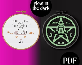 Summoning Cat Cross Stitch Pattern: Glow-in-the-Dark Funny Witchy Design (PDF)