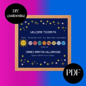 May include: A framed cross-stitch piece with a navy blue background. The text "WELCOME TO EARTH" is at the top, with planet illustrations below. The name "JAMES MARTIN WILLIAMSON" is featured, along with birth details: 21 inches, 7 lbs 10 oz.