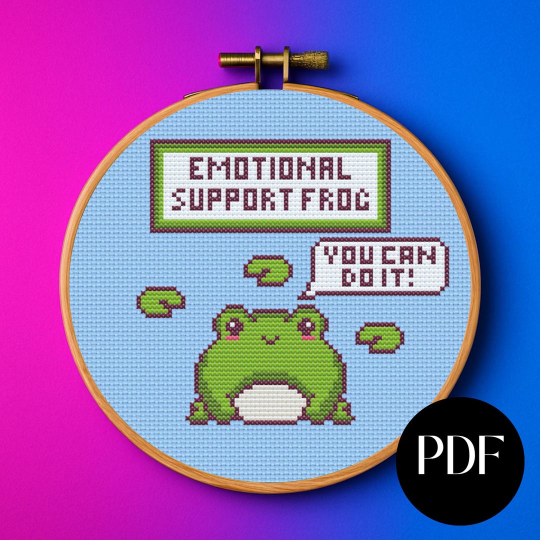 Emotional Support Frog Cross Stitch Pattern, Lilypads and Text Beginner ...