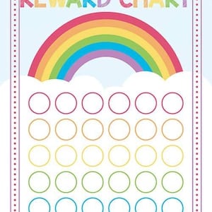 May include: A colorful reward chart with a rainbow and clouds design. The words "REWARD CHART" are at the top in rainbow colors. Below the rainbow are 30 empty circles in rows, ready for stickers or checkmarks. The chart is framed with a dotted border.