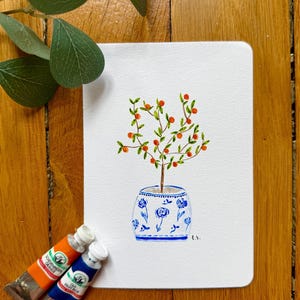 Watercolor card “My orange tree” – orange tree in Delft blue pot | Illustration printed from handmade original | Thinking of you