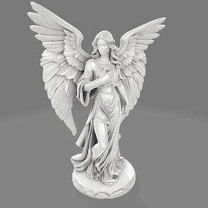 Könnte beinhalten: Eine weiße Engelsstatue mit großen, detaillierten Flügeln. Die Figur ist in einem fließenden Gewand dargestellt, mit einer Hand sanft auf der Brust. Die Statue ist auf einem runden, dekorativen Sockel montiert. Das Gesamtdesign ist elegant und heiter.