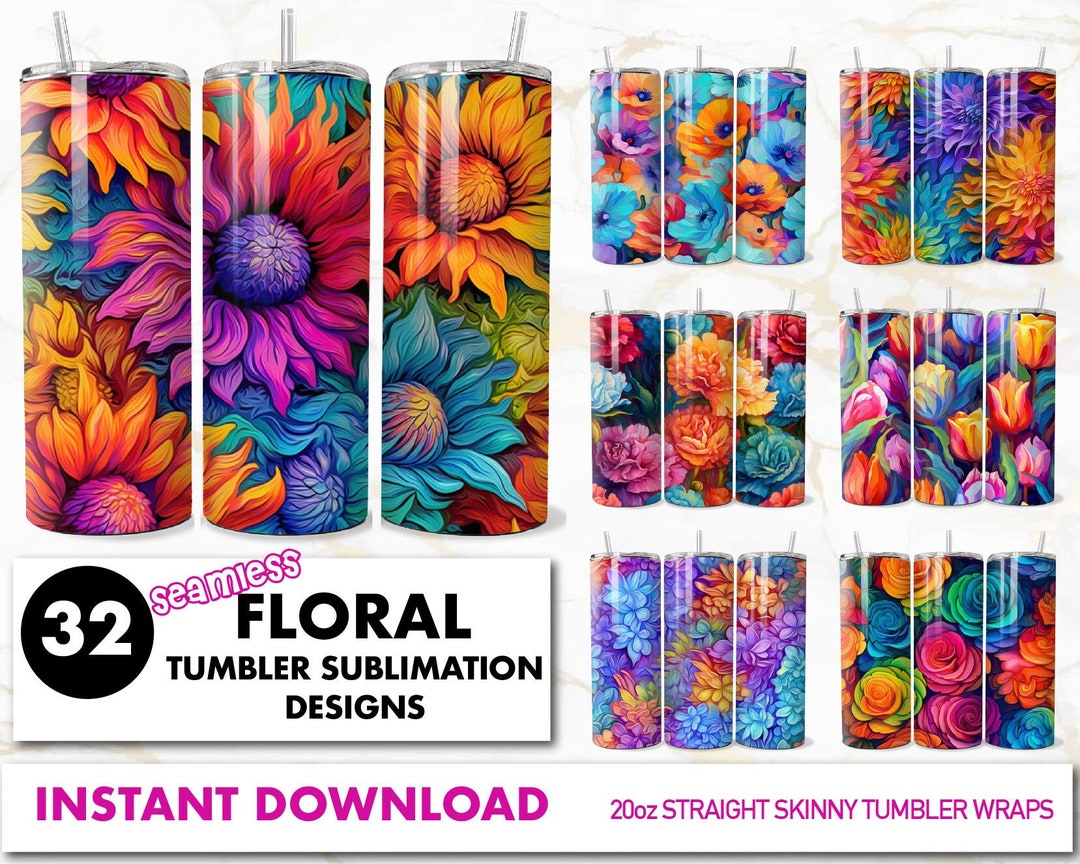 32 Seamless Floral Tumbler Wrap Bundle 20oz Skinny Tumbler Sublimation ...
