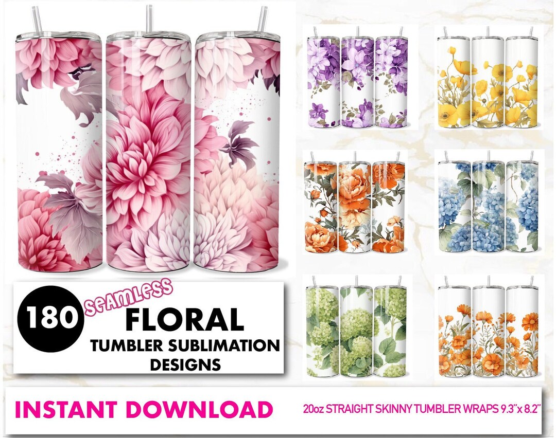 180 Seamless Floral Tumbler Wrap Bundle 20oz Skinny Tumbler Sublimation ...