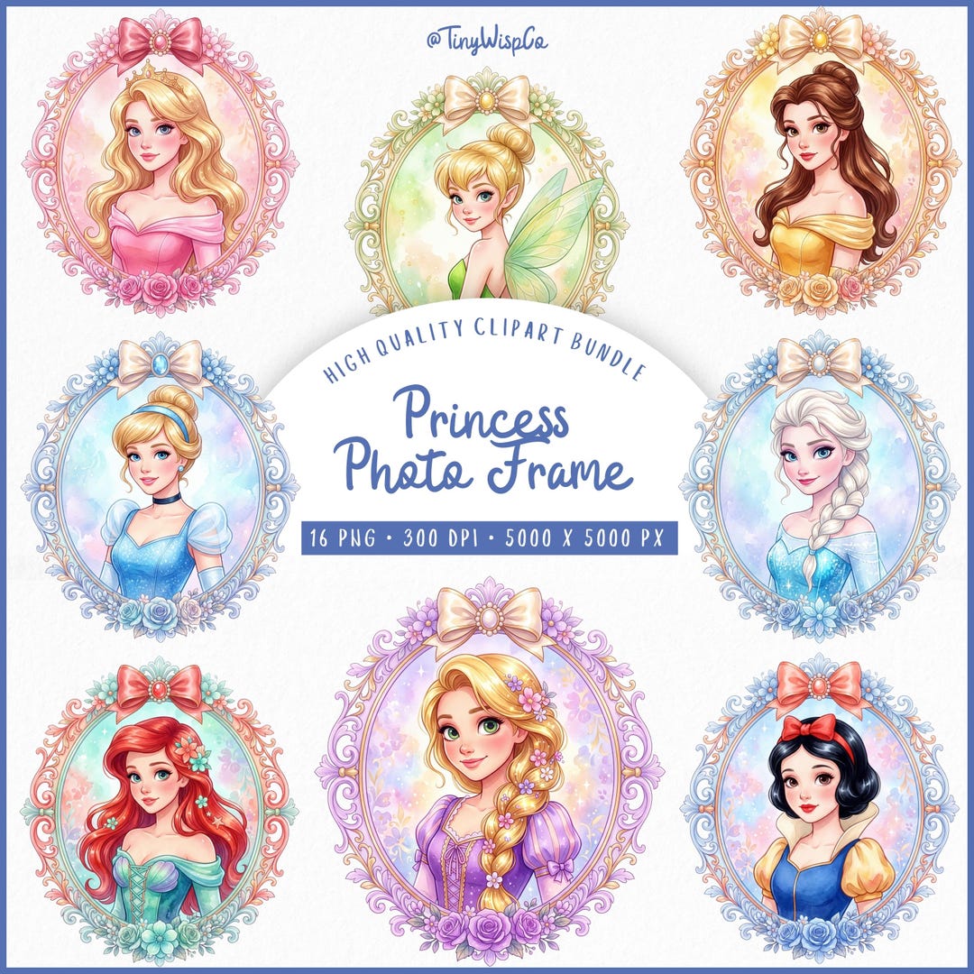 Princess Photo Frame Clipart Bundle, Watercolor Princess Portrait PNG ...