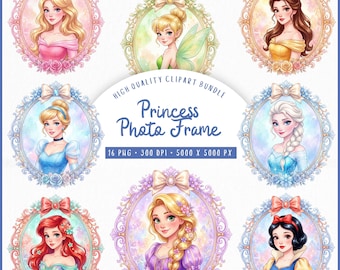 Princess Photo Frame Clipart Bundle, Watercolor Princess Portrait PNG, Fairytale Floral Frame, Royal Girl Clipart, Commercial Use