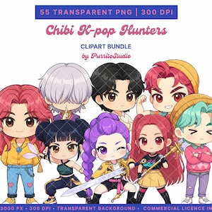 Pack de 55 images clipart Chibi Kpop Hunters, style démon Kpop Hunter, PNG, fond transparent, usage commercial, format numérique pour stickers et agendas