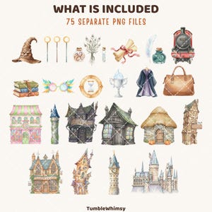 May include: A collection of watercolour illustrations featuring a sorting hat, wands, potion bottles, a train, and buildings. The text at the top reads "WHAT IS INCLUDED 75 SEPARATE PNG FILES". The illustrations are in a whimsical style.