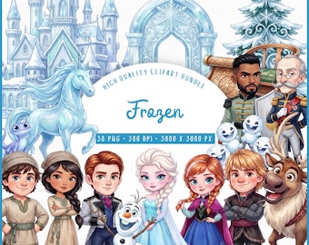 Frozen Watercolor Clipart Bundle, Elsa, Anna and Olaf, Children's Party, Cute Frozen PNG, Winter Princess, Commercial Use, Instant Download