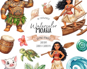 Moana Clipart Bundle, Watercolor Ocean Princess PNG, Polynesian Island Adventure, Maui, Pig, Rooster, Tropical, 50 PNG, Digital Download