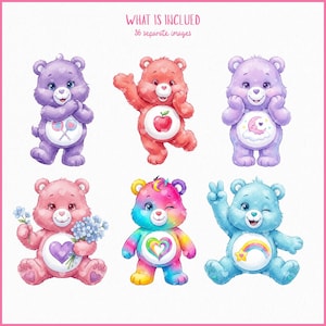 May include: A collection of six watercolor-style Care Bears in various colors, including purple, red, pink, rainbow, and blue. Each bear has a unique belly badge and expression. The text "WHAT IS INCLUDED 36 separate images" is at the top.