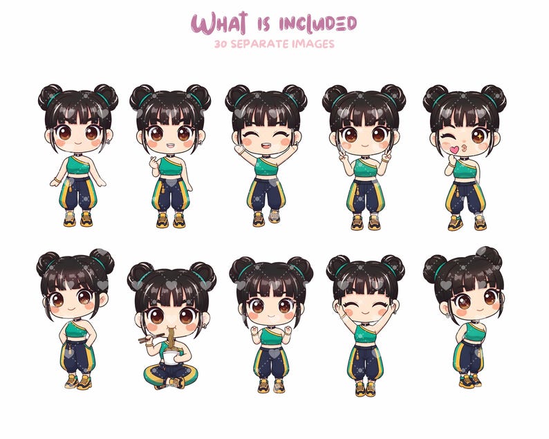 Chicas cazadoras de Kpop, paquete de imágenes prediseñadas de chicas chibi de K-pop, 30 PNG, 300 DPI, paquete de pegatinas adorables, fondo transparente, uso comercial imagen 4