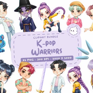 Pack d'images clipart Guerriers K-pop, 35 personnages chibi PNG, Anime Kpop Garçons Filles, Téléchargement instantané, Chasseurs Filles, Démons Garçons, Usage commercial