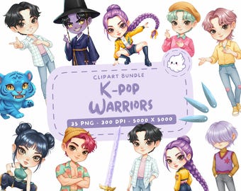 K-pop Warriors Clipart Bundle, 35 PNG Chibi Characters, Anime Kpop Boys Girls, Instant Download, Hunters Girls, Demons Boys, Commercial Use