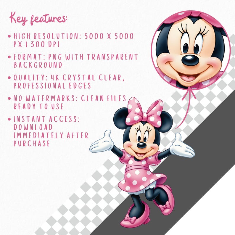 May include: A digital graphic of Minnie Mouse wearing a pink polka dot dress and bow, with a circular close-up of her face. Text lists key features: high resolution 5000 x 5000 px, 300 dpi, PNG format with transparent background, 4K quality, no watermarks, and instant download access.