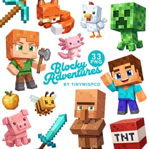 May include: A collection of digital illustrations featuring blocky characters and items including a fox, chicken, creeper, axolotl, bee, pig, villager, TNT block, pickaxe, sword, apple, and two human figures with the text Blocky Adventures by Tinywispco.