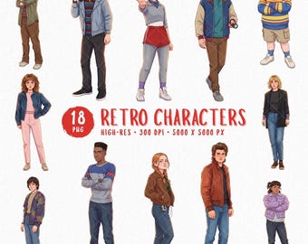 Paquete de imágenes prediseñadas de personajes paranormales y misteriosos de los 80, dibujados a mano, descarga digital, gráficos de terror retro, niños y monstruos sobrenaturales.