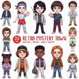 Pueblo Misterioso Retro, Paquete de Imágenes de Acuarela Paranormales, Personajes y Monstruos Infantiles de Misterio Escalofriante, Uso Comercial, Descarga Instantánea